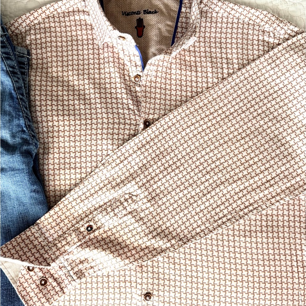 Visconti Black Men's Casual Cream and Brown Button Down Shirt